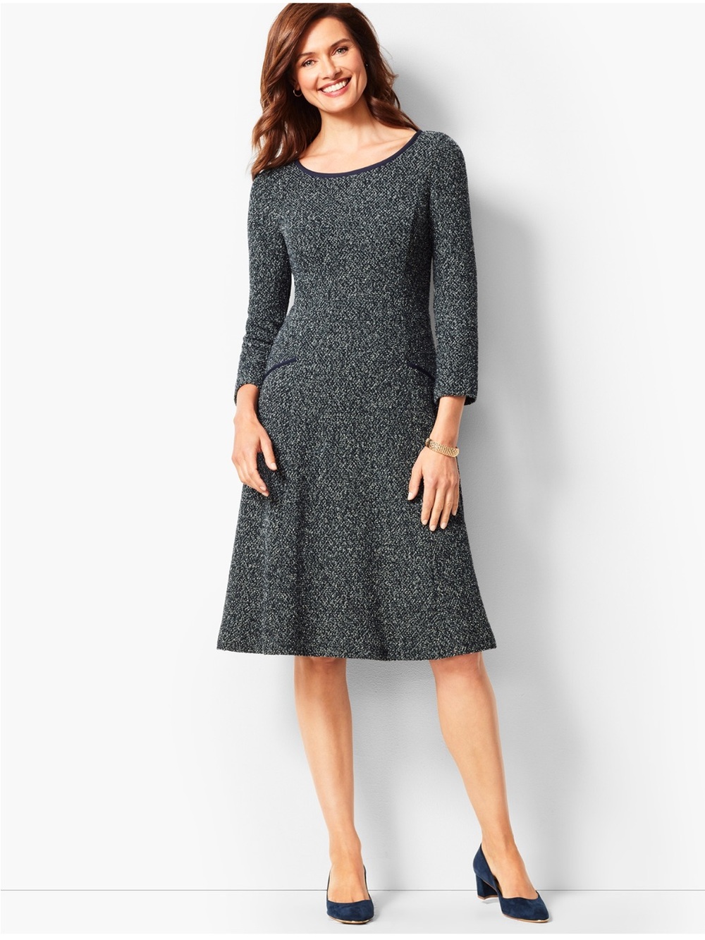 Talbots Tweed Twisted Boucle Fit‎ Flare Dress Navy Blue 12 Preppy Office Career